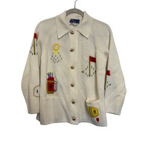 Vintage LeRoy Golf-Themed Cardigan Sweater Womens Large White Acrylic Button-Up